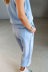 Oh Full Size Texture Contrast Trim Round Neck Top and Pants Set OutfitFlow